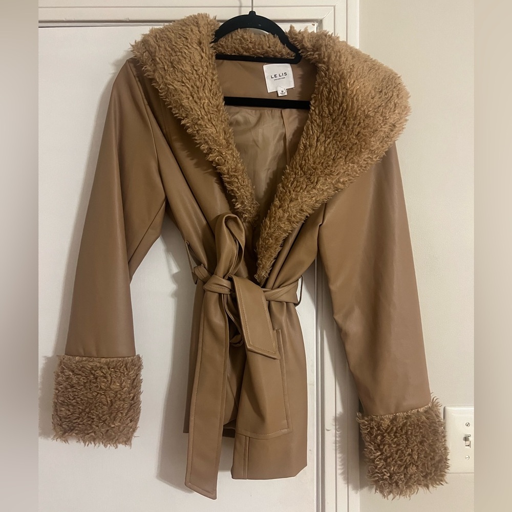 Le Lis Tan Teddy Jacket with Plush Fur Collar